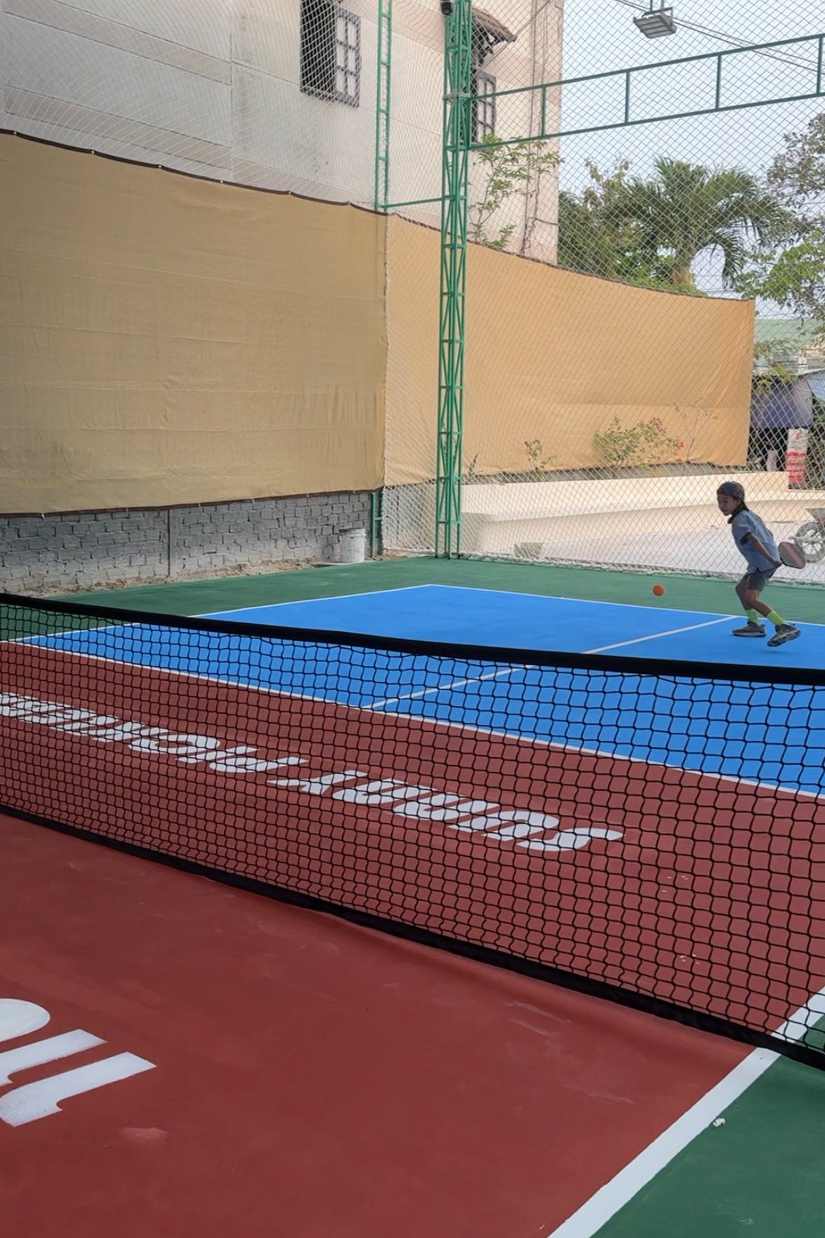 Child playing pickleball on a court with a red and blue surface and palm trees in the background.