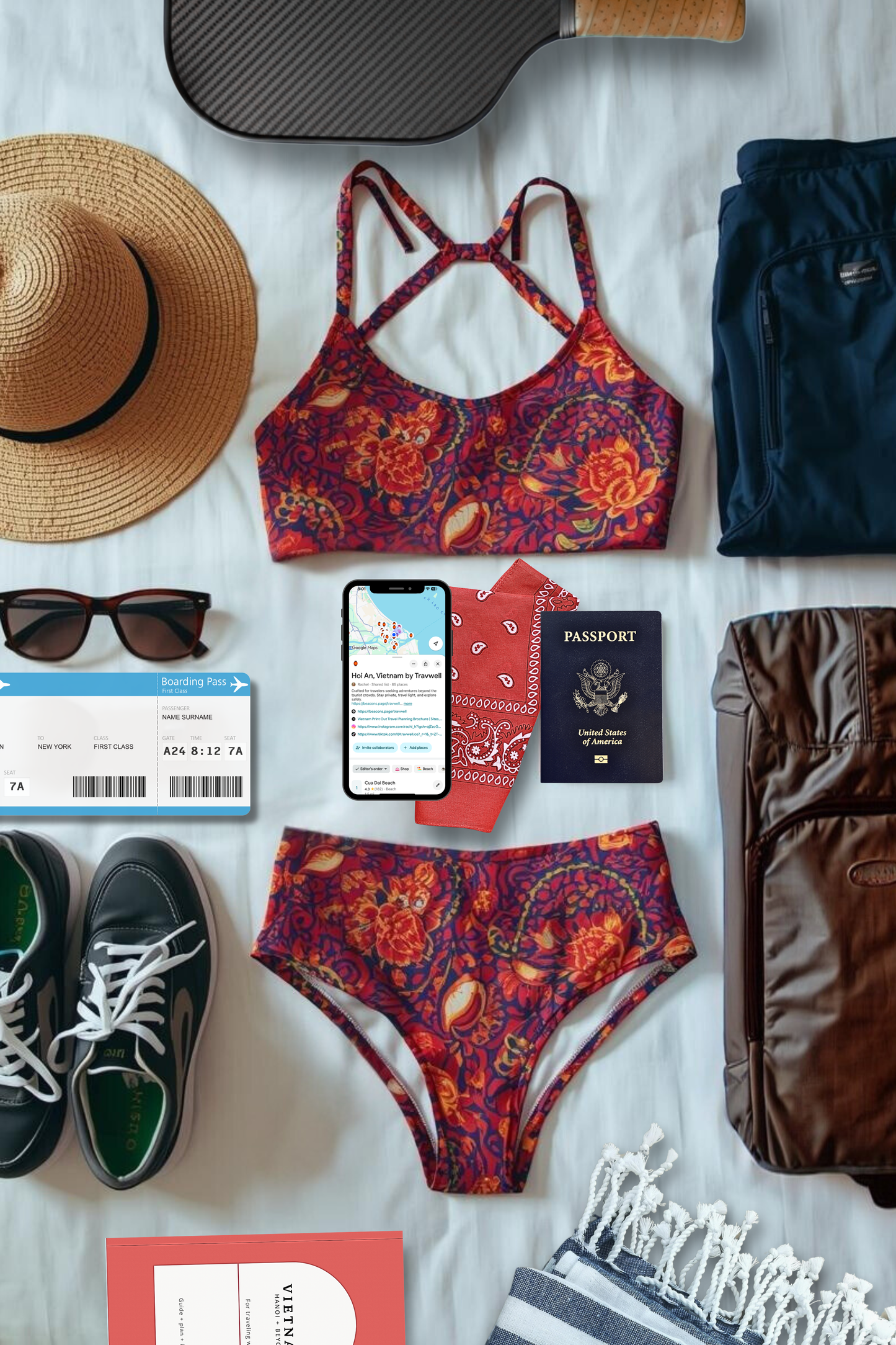 Collection of travel items including a sports bra, shorts, sunglasses, passport, and suitcase on a white surface.