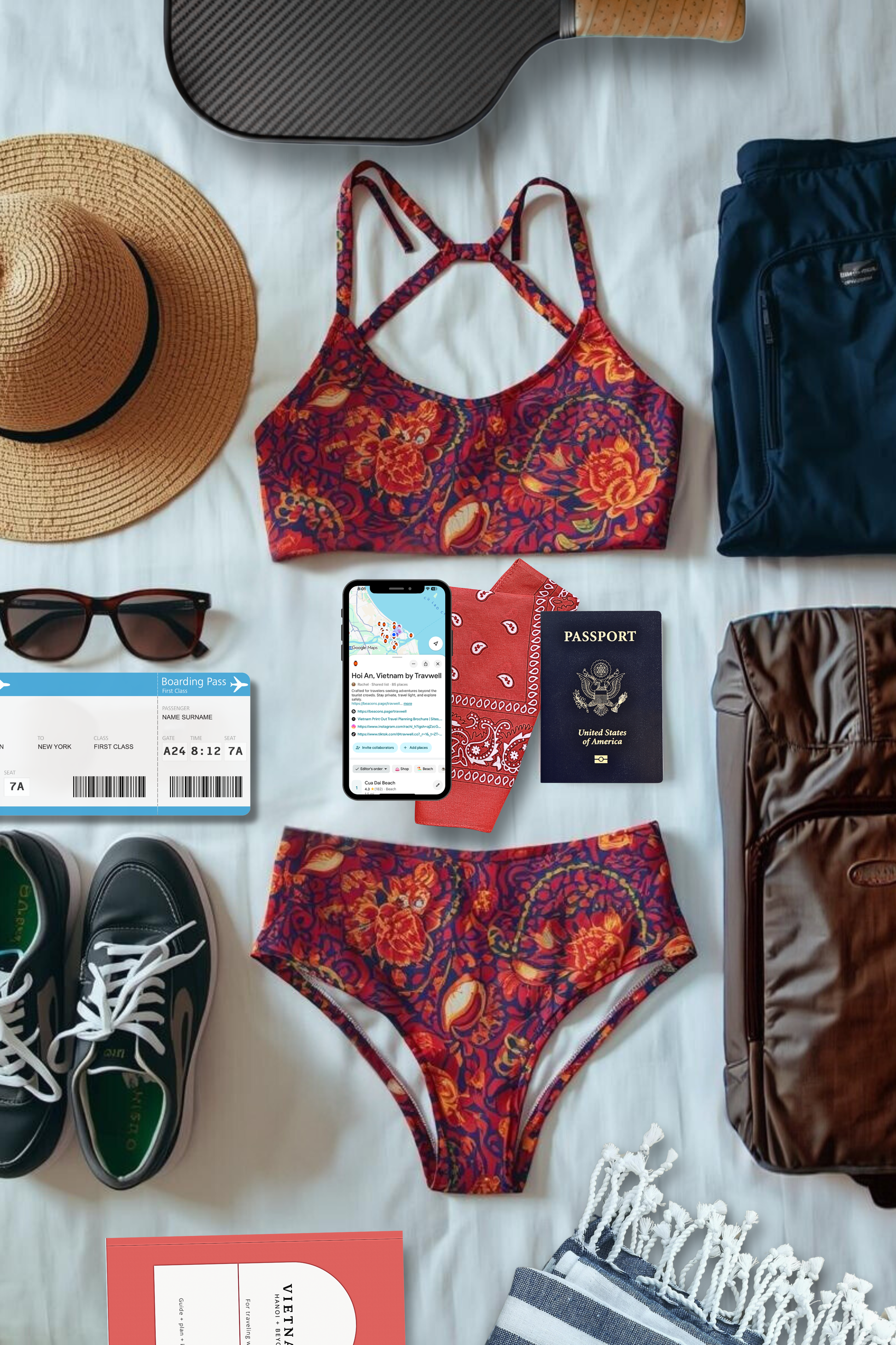 Collection of travel items including a sports bra, shorts, sunglasses, passport, and suitcase on a white surface.